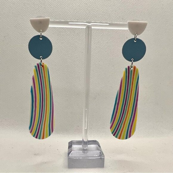 Boho Style Lightweight White Blue Soft Clay Statement Drop Earrings Stripes - Picture 4 of 12